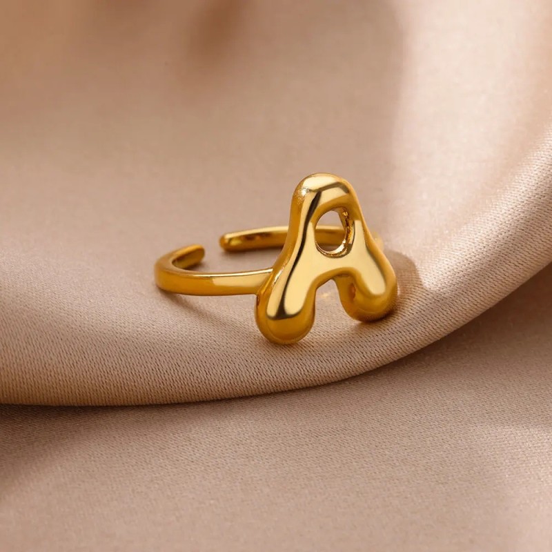 Cross-Border AliExpress Bubble Letter Ring 26 Letters Gold 18k Plated Women's Ring Finger Ring Open Ring