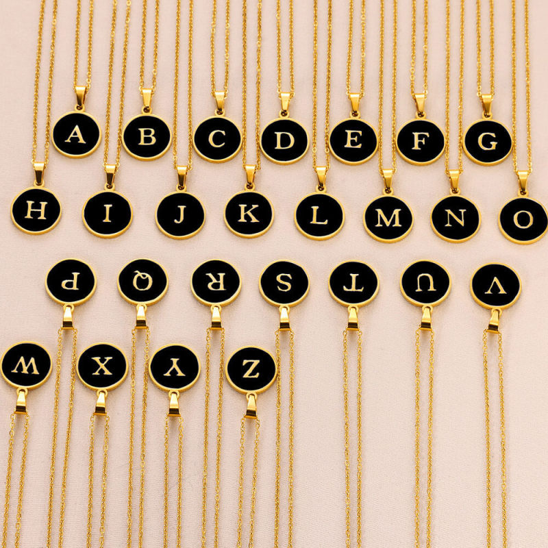 Cross-Border Hot Selling O Chain 26 Letter Necklace Female Name Pendant Couple Necklace Gold Temperament Black Oil Drop Necklace
