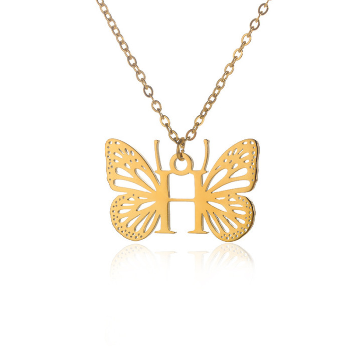 Amazon New Stainless Steel Butterfly Wing Letter Pendant Women 26 Letters Necklace Hollow Butterfly Necklace