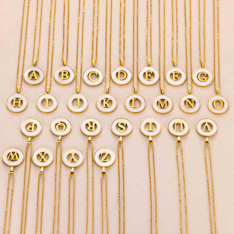 Cross-Border 18K Gold Shell Round Stainless Steel Letter Necklace Fashion European and American Titanium Steel Round Ring 26 Letter Pendant for Women