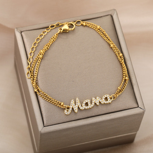 AliExpress 18k Gold Plated Double Layer Bead Bracelet English Letter Mama Bracelet Mother's Day Gift Manufacturer In Stock