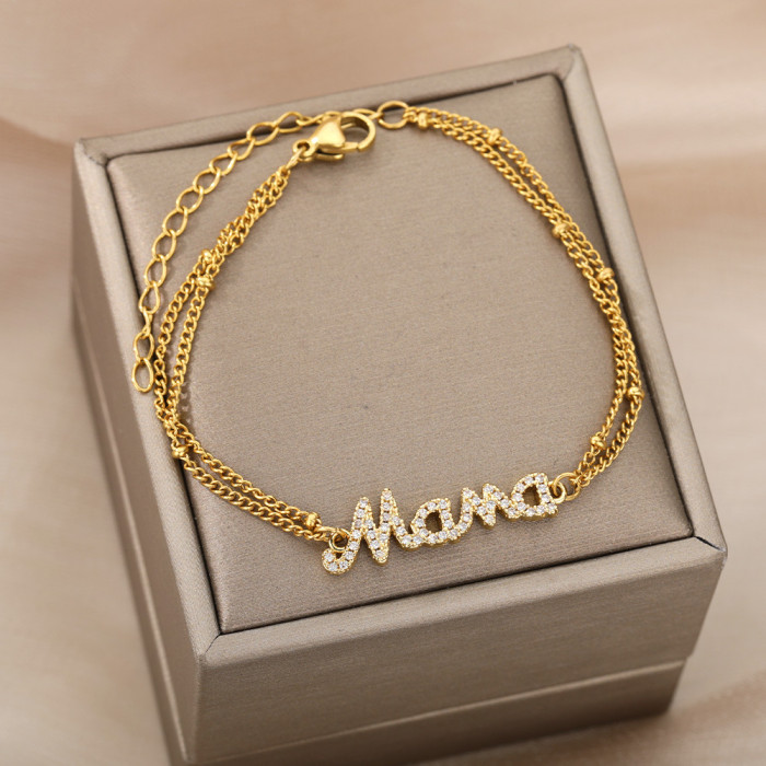 AliExpress 18k Gold Plated Double Layer Bead Bracelet English Letter Mama Bracelet Mother's Day Gift Manufacturer In Stock