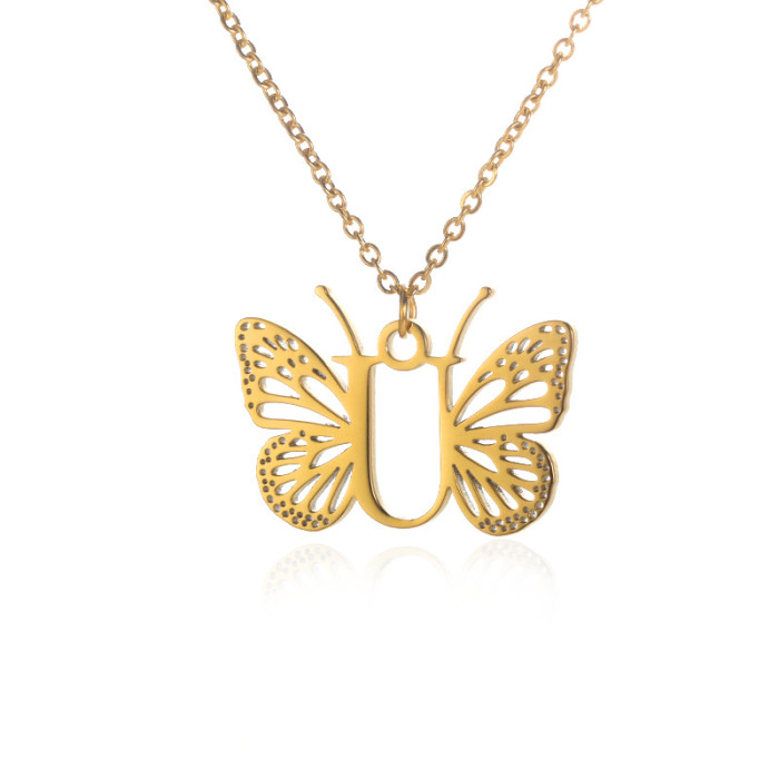 Amazon New Stainless Steel Butterfly Wing Letter Pendant Women 26 Letters Necklace Hollow Butterfly Necklace