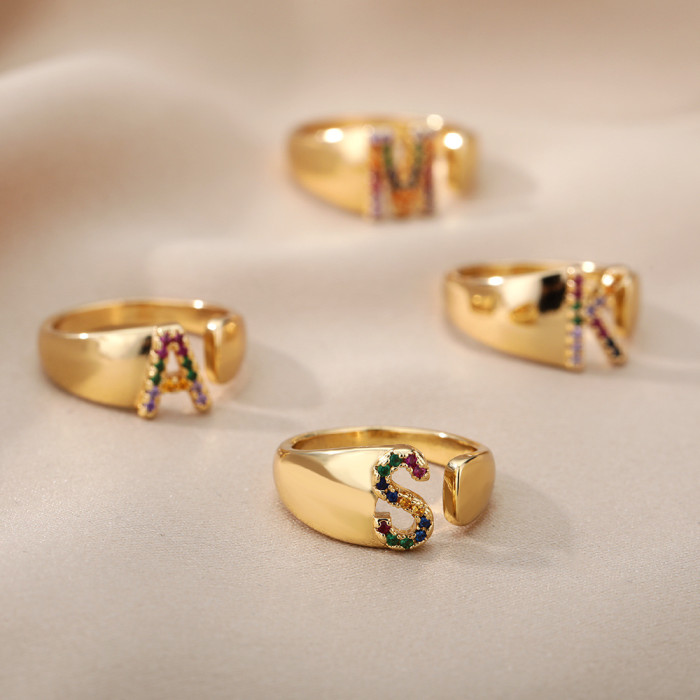 Cross-Border Hot Selling A-Z Fashion English Letter Open Ring Personality Copper Inlaid Zircon Index Finger Ring Cross-Border E-commerce
