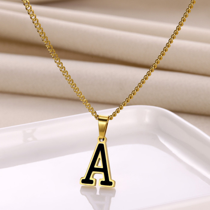 Cross-Border European and American Style Stainless Steel 26 English Letter Necklace for Women Titanium Steel Fashion Simple Oil Drop Letter Pendant Collarbone Chain