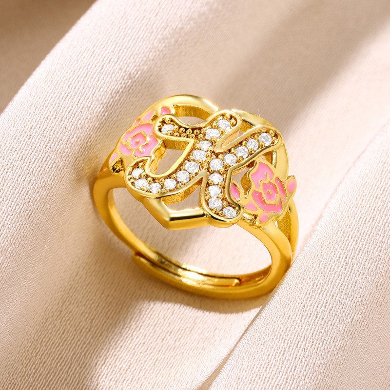 Cross-Border Hot Sale Drip Oil Color Letter A-Z Open Copper Inlaid Zircon Women Adjustable Fashion Ring Minimum Order One Piece