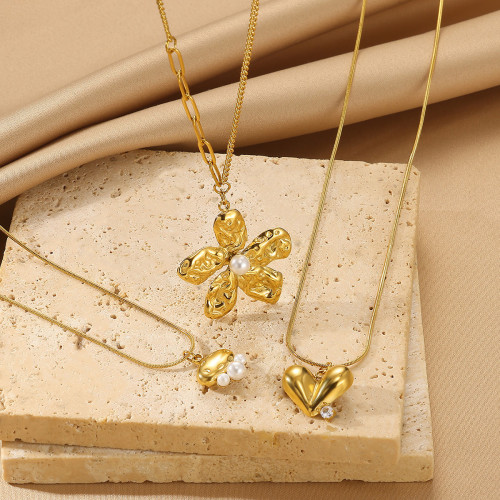 Minimalist Heart-Shaped Pearl Pendant Light Luxury Niche Flower Jewelry Collarbone Chain Titanium Steel Necklace One Piece Dropshipping