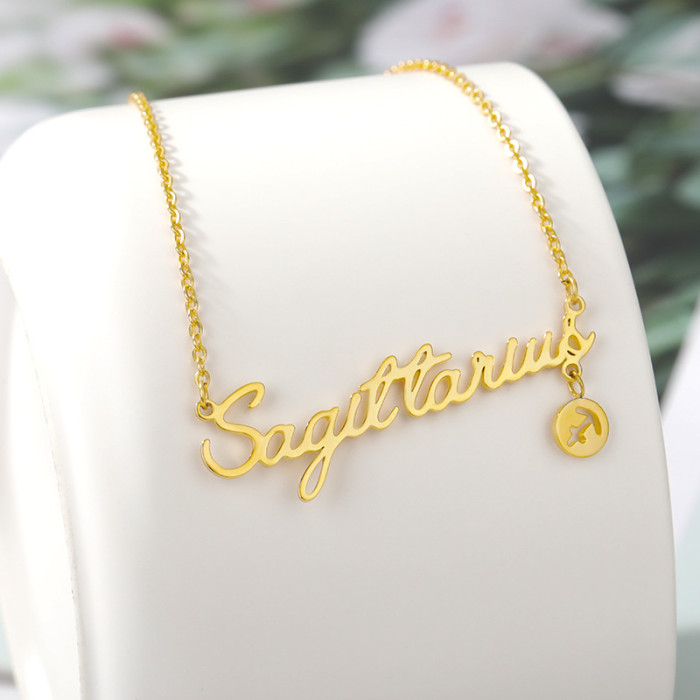 Amazon Hot-Selling Jewelry Zodiac English Necklace Twelve Zodiac Pendant Stainless Steel Necklace Gold