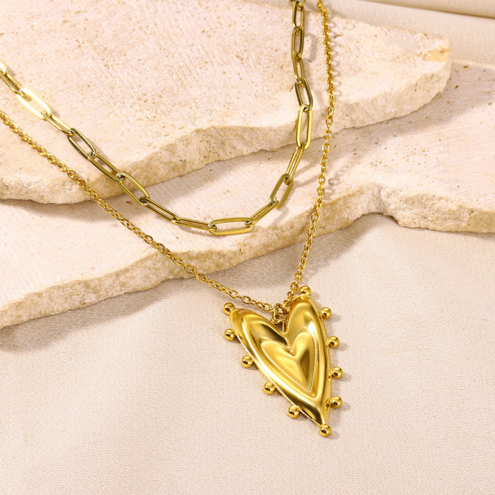 New Style Personality Versatile 18K Gold Stainless Steel Double Layer Stacked Chain Semi-3D Heart Pendant Double Laye...