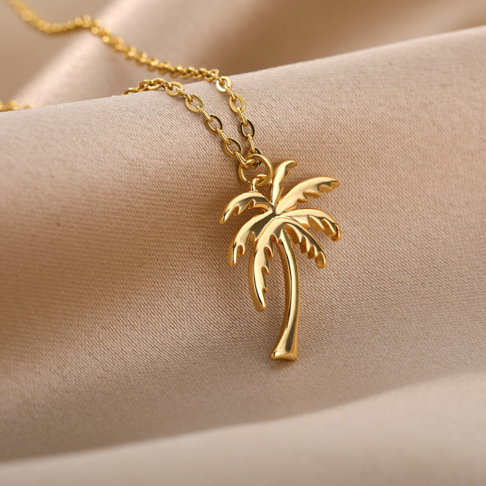 Cute Coconut Tree Pendant Necklace Simple Ins Style Titanium Steel Non-Fading Necklace for Women Collarbone Chain