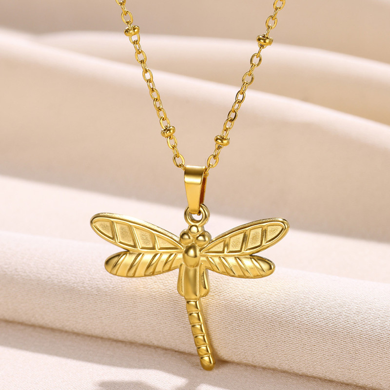 European and American New Style Stainless Steel 18K Gold Plated Dragonfly Women's Necklace Clavicle Chain Luxury Niche Necklace One Piece Dropshipping