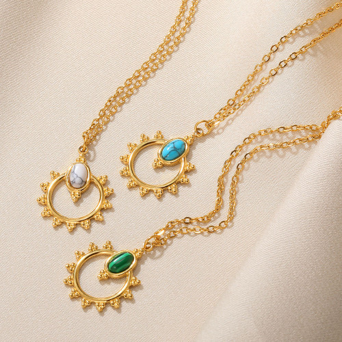 Korean Style Simple Turquoise Series Women's Necklace Geometric Hollow Pendant Stainless Steel Necklace Jewelry Manufacturer One Piece Dropshipping