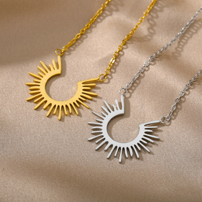 New Stainless Steel Geometric Necklace Classic Half Round Sunflower Pendant Accessories Women's Message Expression Pe...
