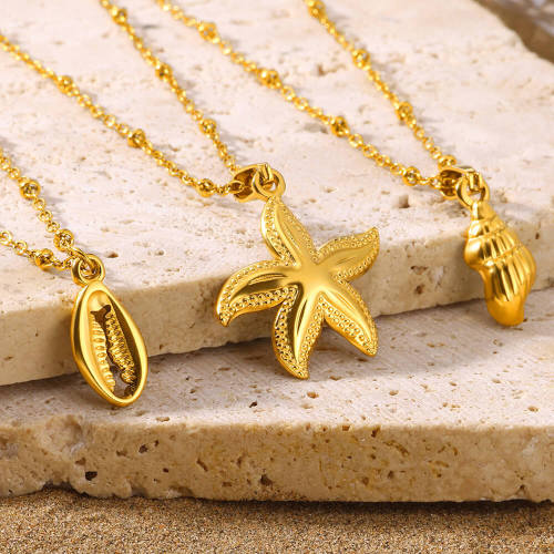 2024 Summer European and American Style Stainless Steel Shell Necklace Starfish Beach Style Collarbone Chain Titanium Steel Jewelry Choker