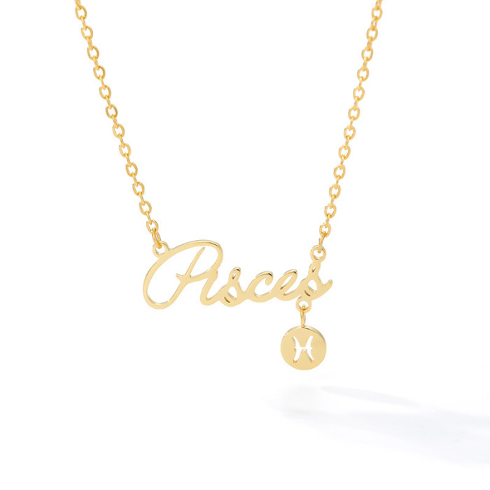 Amazon Hot-Selling Jewelry Zodiac English Necklace Twelve Zodiac Pendant Stainless Steel Necklace Gold