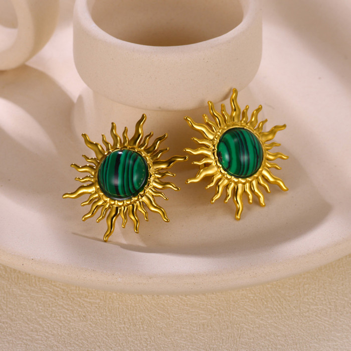European and American Cross-Border INS Style Personality Versatile 18K Gold Stainless Steel Inlaid Turquoise Sunflower Earrings Jewelry Wholesale