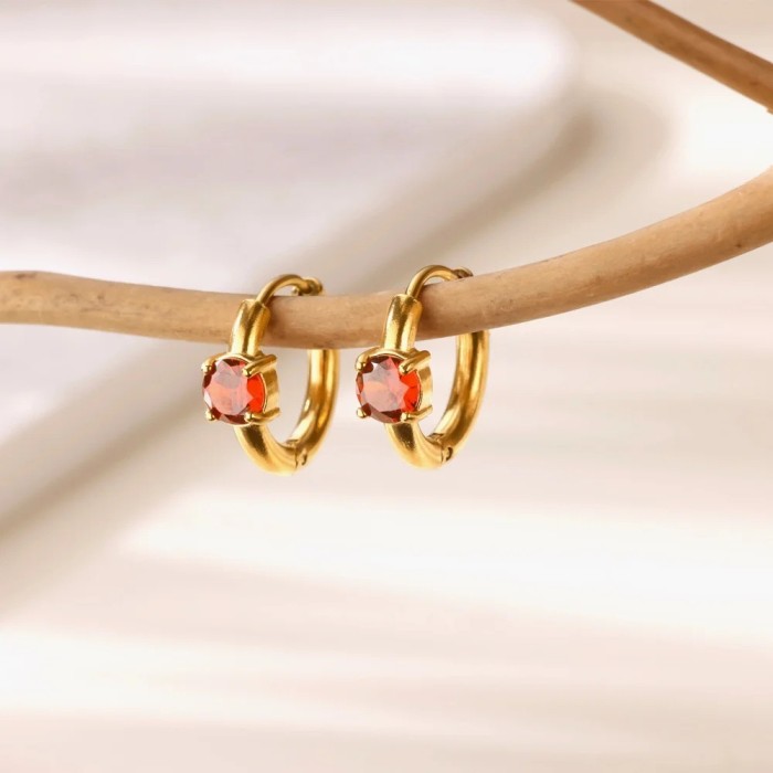 Simple New December Colorful Zircon Hoop Earrings for Women Gold Stainless Steel Birthstone Earrings Elegant