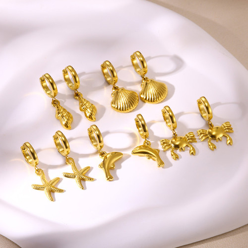Beach Style Starfish Conch Dolphin Seahorse Octopus Earrings Ocean Life Series Stainless Steel Earrings Wholesale