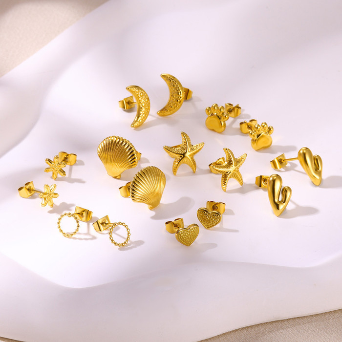 Cross-Border New Ocean Style Starfish Shell Stud Earrings Stainless Steel 18K Gold Plated Heart Moon Small Stud Earrings