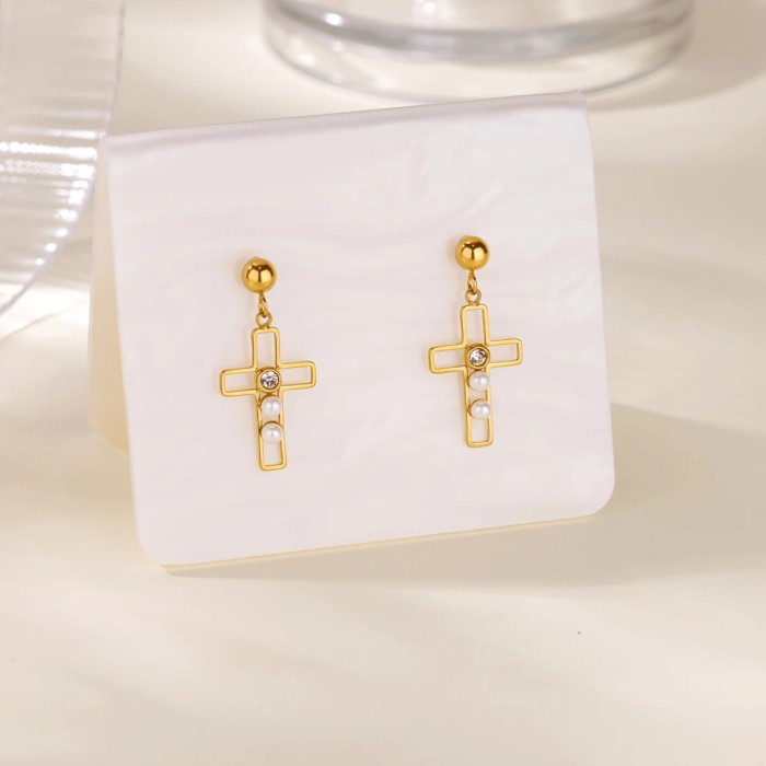 Fashion Personality Pearl Zircon Titanium Steel Stud Earrings 18K Gold Stainless Steel Earrings for Women High-End Be...