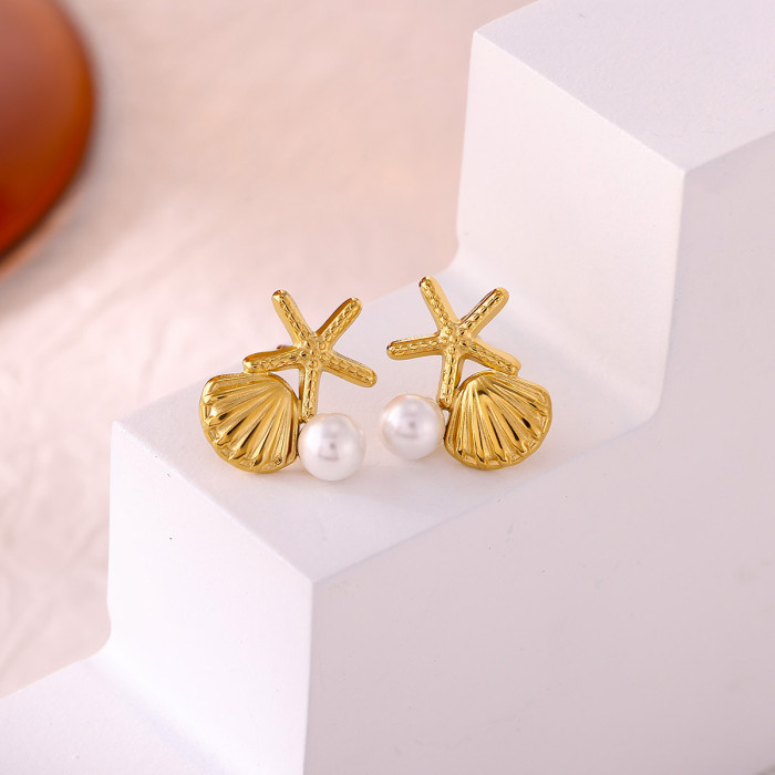 Cross-border New Stainless Steel Starfish Shell Women's Earrings Light Luxury Imitation Pearl Zircon Earrings Manufacturer Wholesale