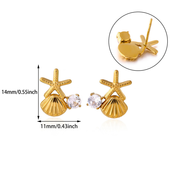 Cross-border New Stainless Steel Starfish Shell Women's Earrings Light Luxury Imitation Pearl Zircon Earrings Manufacturer Wholesale