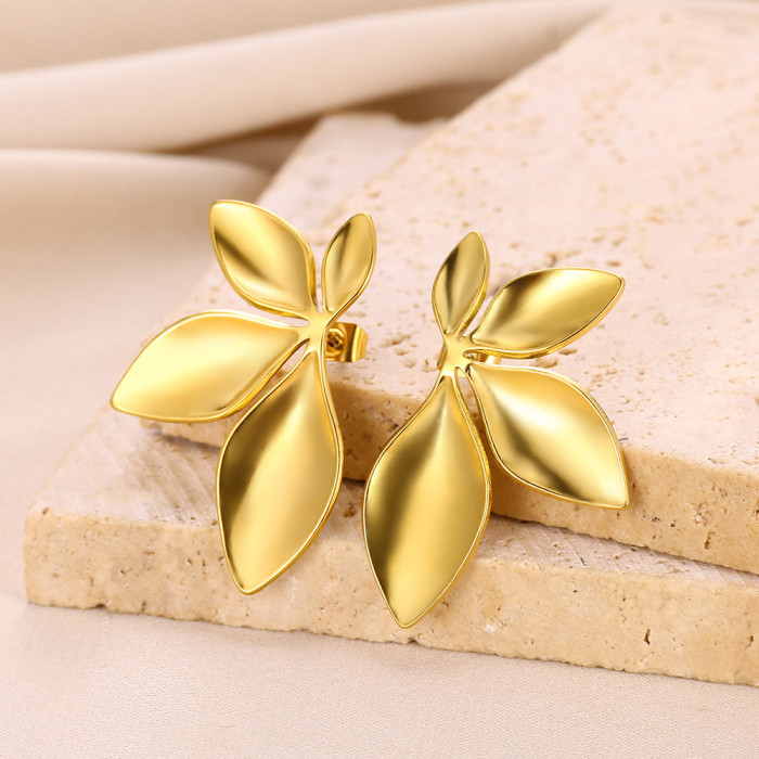 New Leaf-Shaped Earrings Stainless Steel Plated 18K Gold Leaf Stud Earrings Glossy Flower Leaf Stud Earrings Flower E...