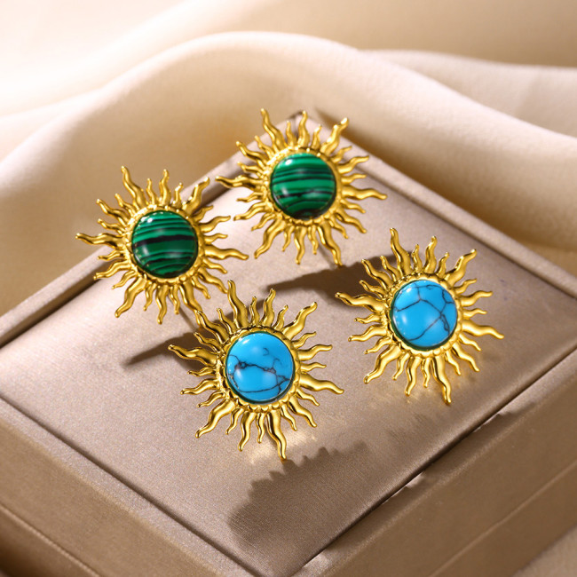 European and American Cross-Border INS Style Personality Versatile 18K Gold Stainless Steel Inlaid Turquoise Sunflower Earrings Jewelry Wholesale