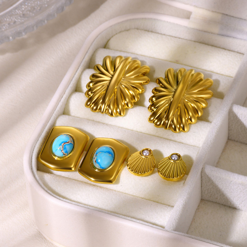 European and American Cross-Border INS Style Personality Versatile 18k Gold Stainless Steel Rectangular Firework-Shaped Earrings Jewelry Wholesale for Women