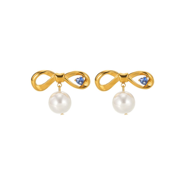 Jewelry Stainless Steel Bowknot Pearl Ring Exaggerated High-End Feel Ins Geometric Earrings One Piece Dropshipping