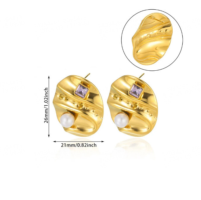 Stainless Steel 18K Gold Rhombus Round Earrings Geometric Studs Woven Texture Imitation Pearl Ear Jewelry