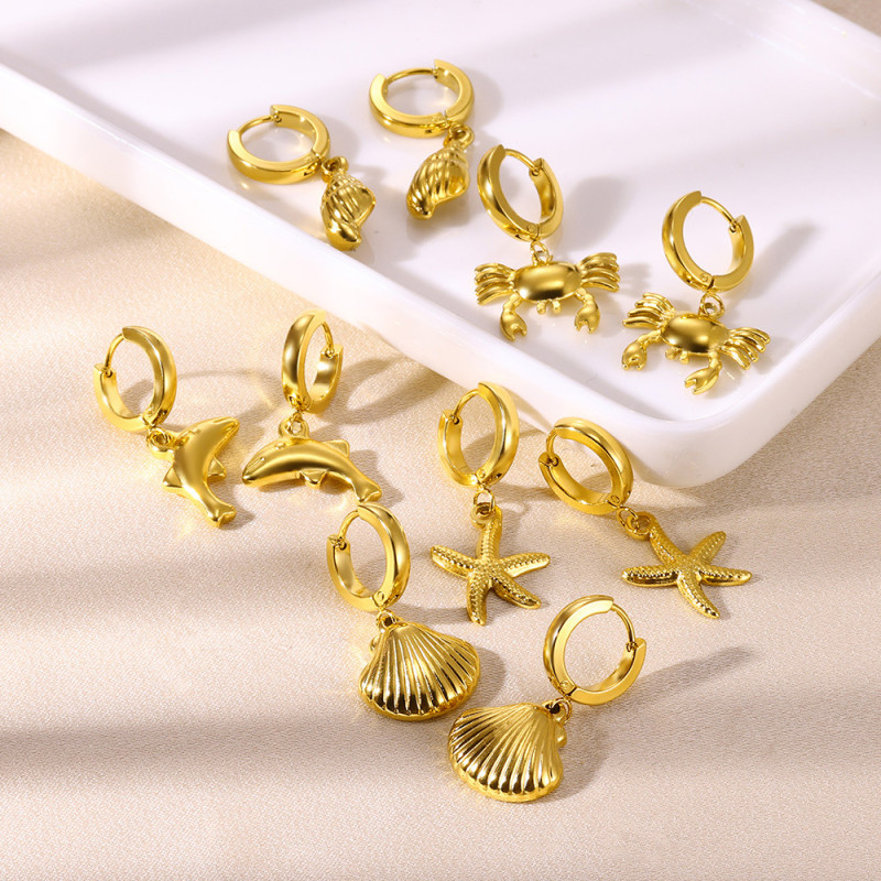 Beach Style Starfish Conch Dolphin Seahorse Octopus Earrings Ocean Life Series Stainless Steel Earrings Wholesale