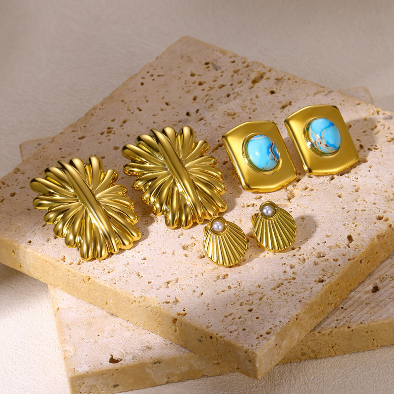 European and American Cross-Border INS Style Personality Versatile 18k Gold Stainless Steel Rectangular Firework-Shaped Earrings Jewelry Wholesale for Women