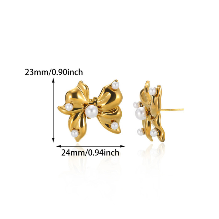 Jewelry Stainless Steel Bowknot Pearl Ring Exaggerated High-End Feel Ins Geometric Earrings One Piece Dropshipping