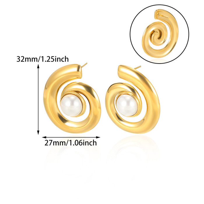 Stainless Steel 18K Gold Rhombus Round Earrings Geometric Studs Woven Texture Imitation Pearl Ear Jewelry