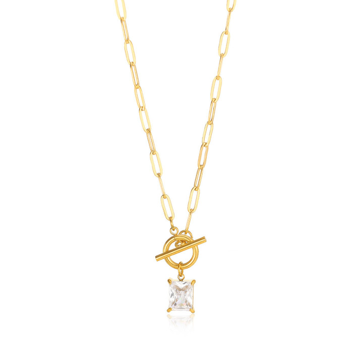 European and American New Style Square Zircon Birthstone Necklace Clavicle Chain 18K Gold Plated Women OT Clavicle Chain