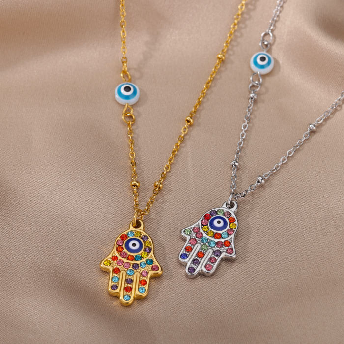 European and American Cross-Border New Fashion Devil's Eye Necklace Fashion Zircon Pendant Fatima Hand Jewelry Dropshipping