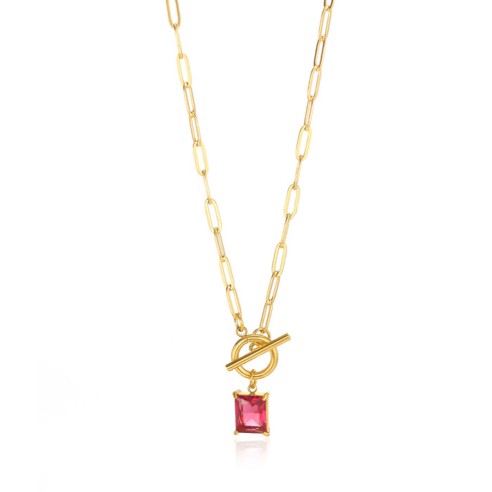 European and American New Style Square Zircon Birthstone Necklace Clavicle Chain 18K Gold Plated Women OT Clavicle Chain