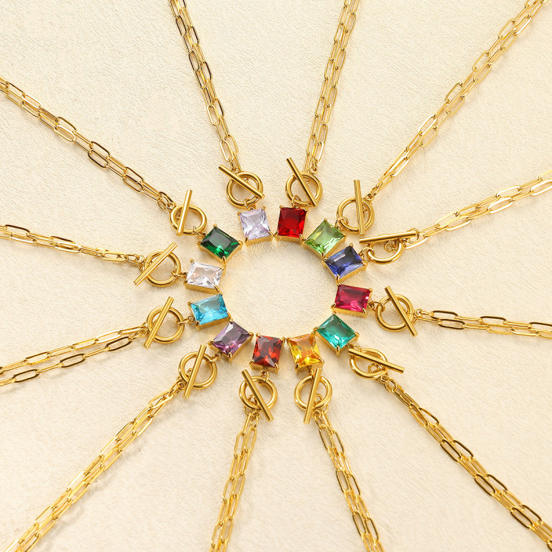 European and American New Style Square Zircon Birthstone Necklace Clavicle Chain 18K Gold Plated Women OT Clavicle Chain
