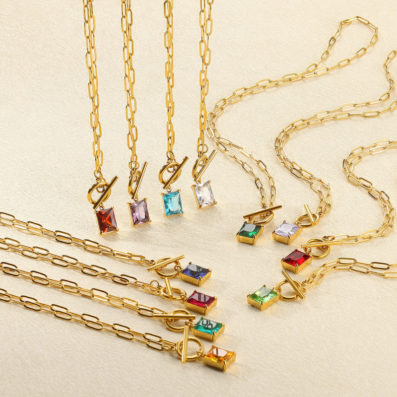 European and American New Style Square Zircon Birthstone Necklace Clavicle Chain 18K Gold Plated Women OT Clavicle Chain