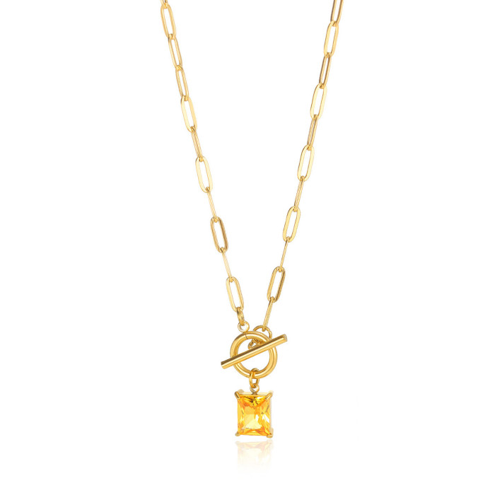 European and American New Style Square Zircon Birthstone Necklace Clavicle Chain 18K Gold Plated Women OT Clavicle Chain