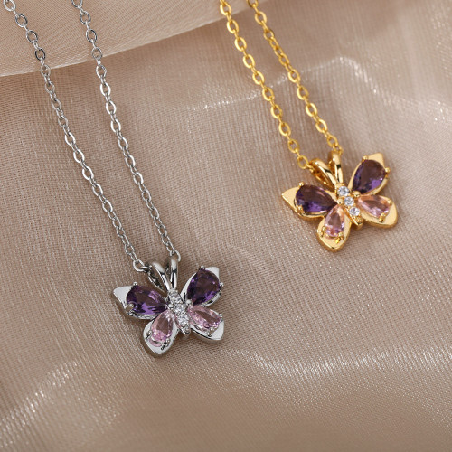 Cross-Border Simple Pink Purple Zircon Butterfly Necklace Micro Inlaid Collarbone Chain Niche Design Sense Ins Style Super Fairy Pendant