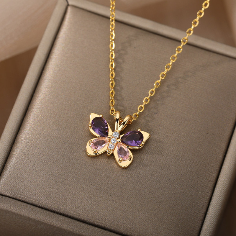 Cross-Border Simple Pink Purple Zircon Butterfly Necklace Micro Inlaid Collarbone Chain Niche Design Sense Ins Style Super Fairy Pendant