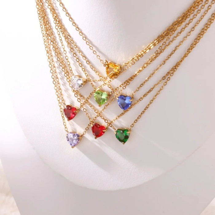 Amazon New Heart-Shaped Zircon Birthstone Necklace Clavicle Chain 18K Gold Plated Women's Clavicle Chain