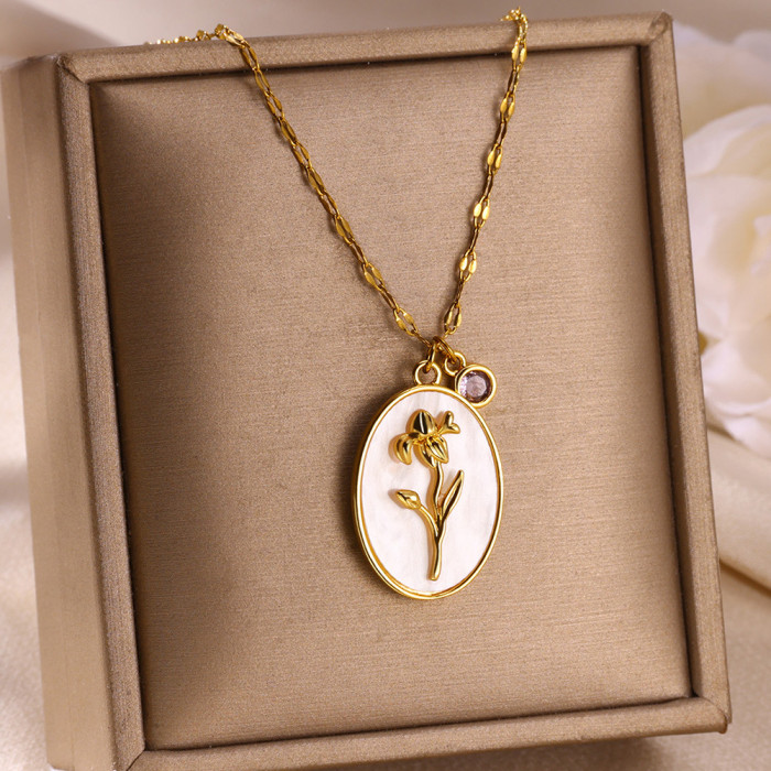 European and American Cross-Border New December Flower Necklace Three-Dimensional Floral Oval Shell Pendant Birthstone Monthly Flower Collarbone Chain