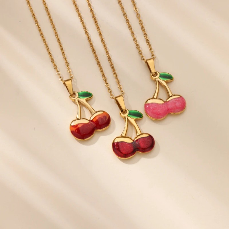 Cross-Border High-End Sweet Girl Student Cute Gift Cherry Fruit Pendant Necklace Collarbone Chain Stainless Steel Women