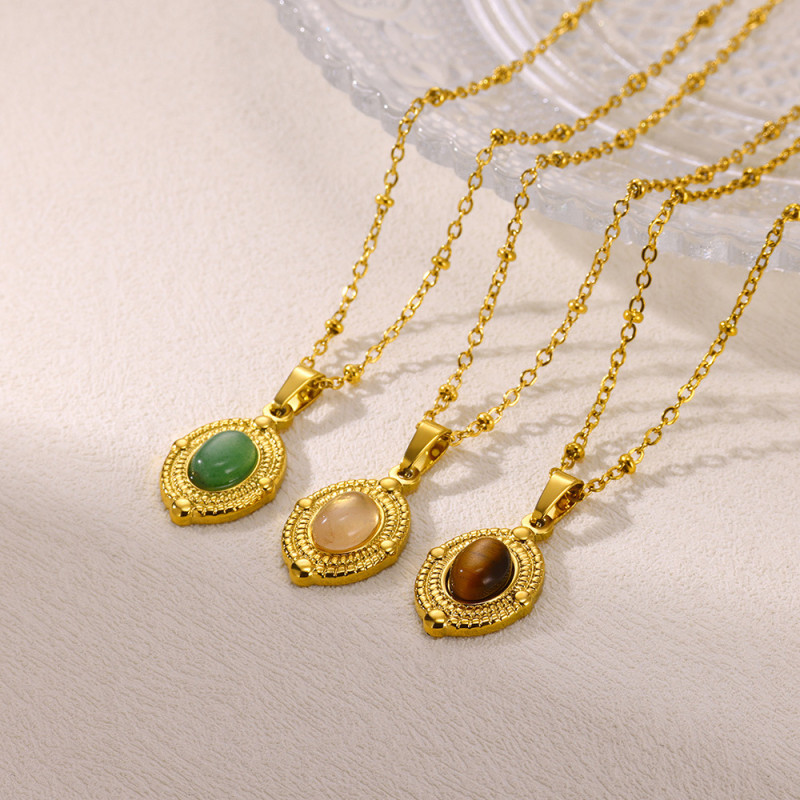 European and American Retro High-End Blue Turquoise Earrings for Women Stainless Steel Necklace 18K Gold Plated Clavicle Chain Cross-Border Jewelry