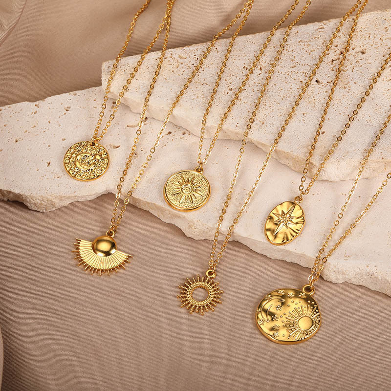 Amazon New Totem Geometric Necklace Men and Women Personality Relief Sun and Moon Pendant 18k Gold Plated Coin Necklace