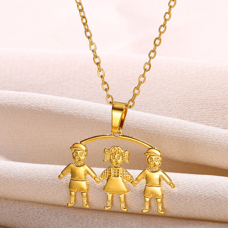 European and American Style Simple 3D Mom and Son Family Necklace Cartoon Stainless Steel Pendant Wholesale