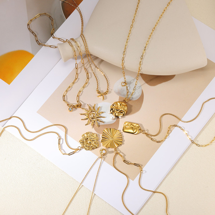 European and American New Style Women's Sunflower Pendant Necklace Imitation Pearl Shell Long Chain Gold Stainless Steel Collarbone Chain